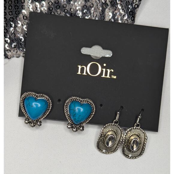 nOir Turquoise Heart Stud Earrings & Silver Western Dangle Earrings Set - Picture 3 of 5